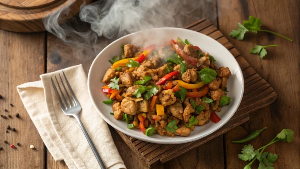 Ground chicken stir-fry with fresh vegetables on a rustic wooden table, garnished with cilantro.