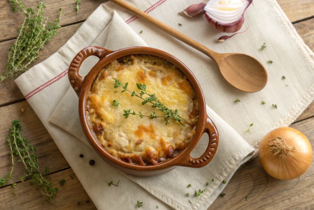 Golden French Onion Soup Rice in a casserole dish with fresh thyme garnish.