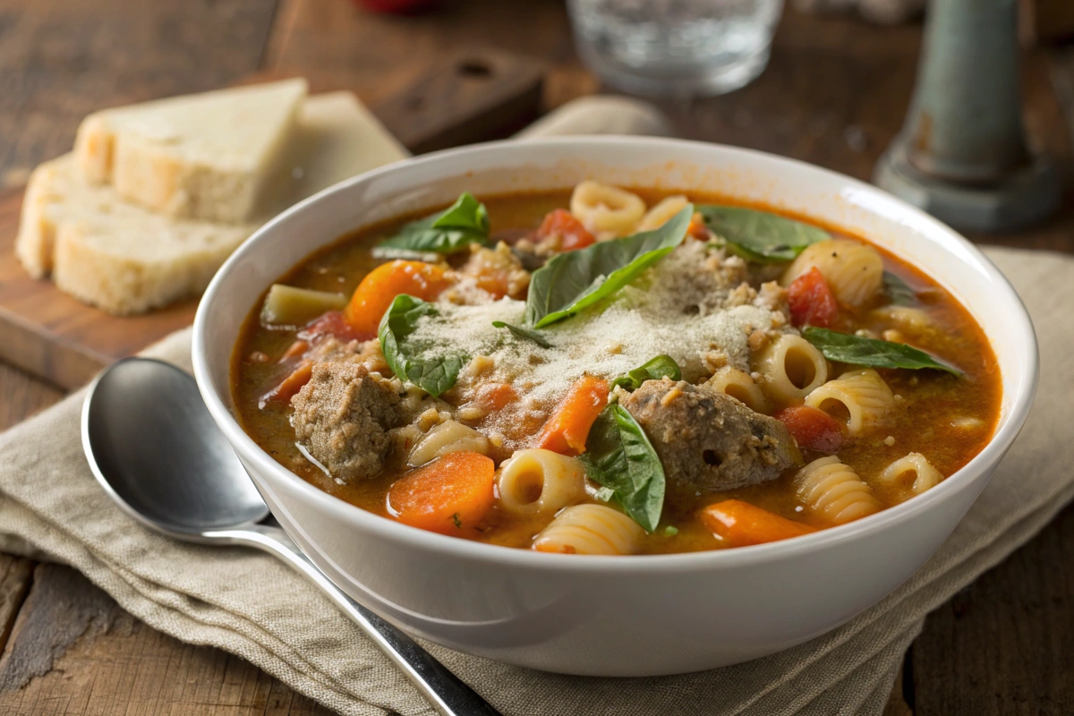 Steaming bowl of Creamy Parmesan Italian Sausage Soup topped with fresh spinach and Parmesan cheese.