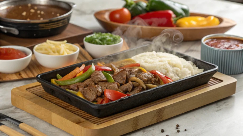 Sizzling Pepper Lunch Recipe with beef, rice, and vegetables on a hot plate.