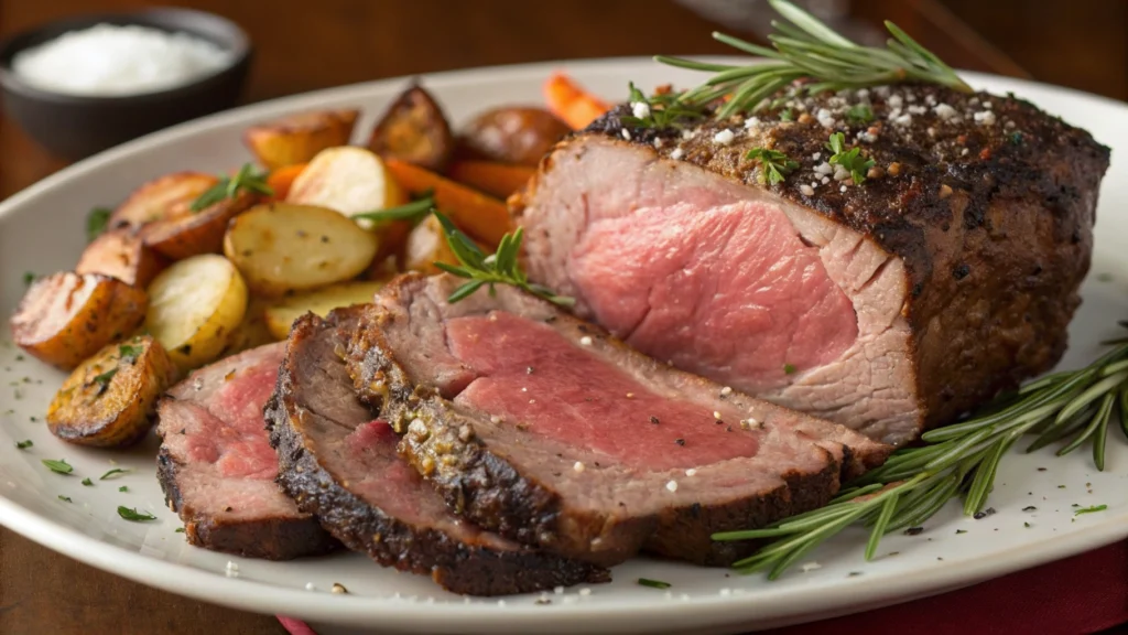 Juicy Poor Man's Prime Rib served with roasted vegetables and mashed potatoes.