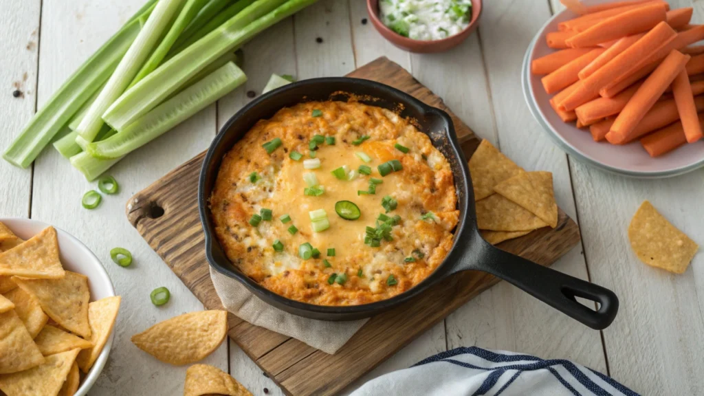 A creamy High Protein Buffalo Chicken Dip served in a rustic white bowl, garnished with chopped green onions, surrounded by fresh veggies and tortilla chips.