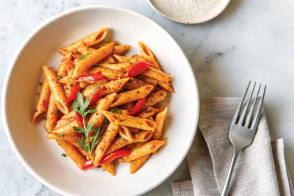 A bowl of penne pasta tossed in a rich, spiced tomato sauce with red bell peppers and fresh herbs, served on a marble countertop with a fork and linen napkin.