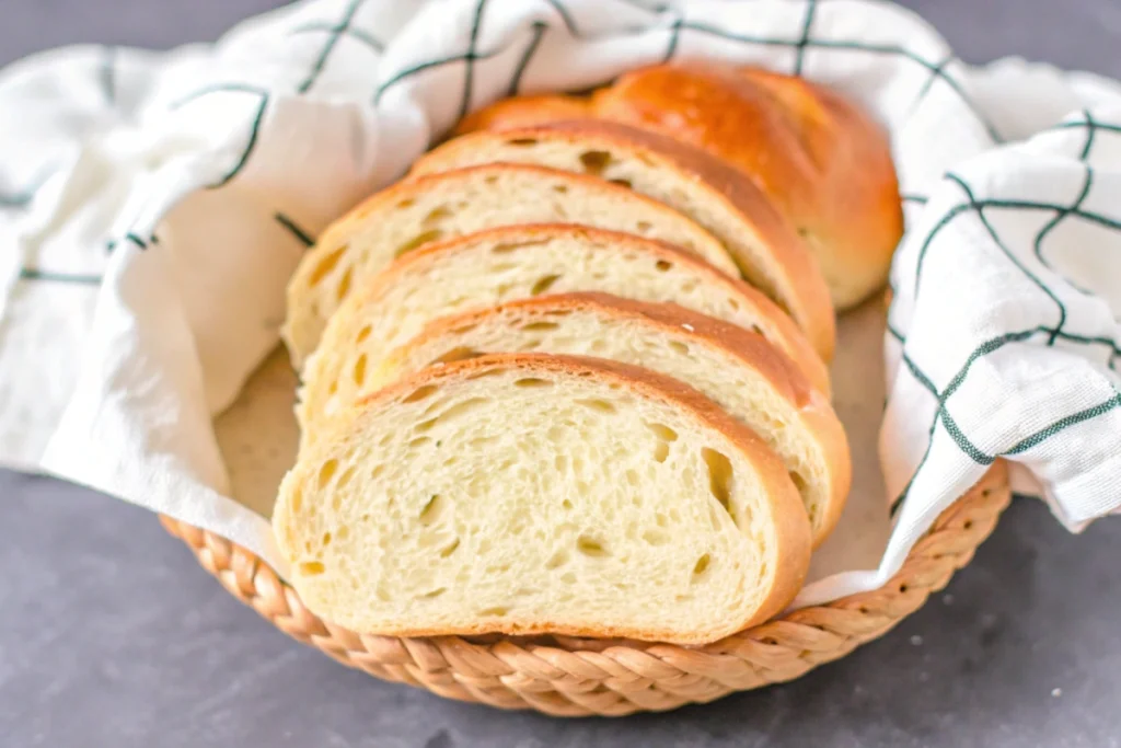 A basket of freshly sliced homemade bread with a golden crust and soft, airy texture, placed on a linen-lined basket.