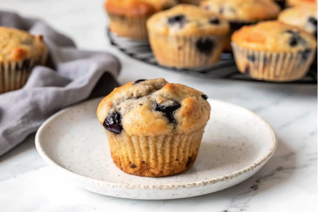 Homemade blueberry muffin on a white plate, with a batch of freshly baked muffins cooling on a wire rack in the background.