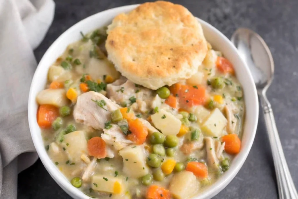 A hearty bowl of creamy chicken pot pie soup filled with tender chicken, potatoes, carrots, peas, and a golden biscuit on top.