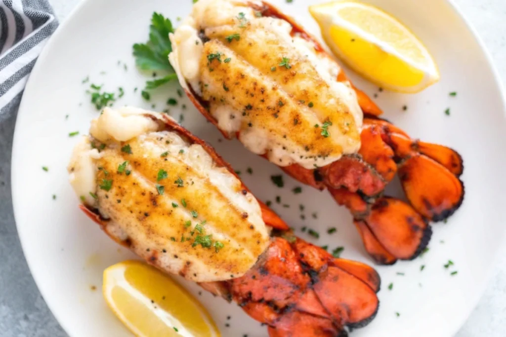 Two perfectly broiled lobster tails with a golden, buttery topping, garnished with fresh parsley and served with lemon wedges on a white plate.
