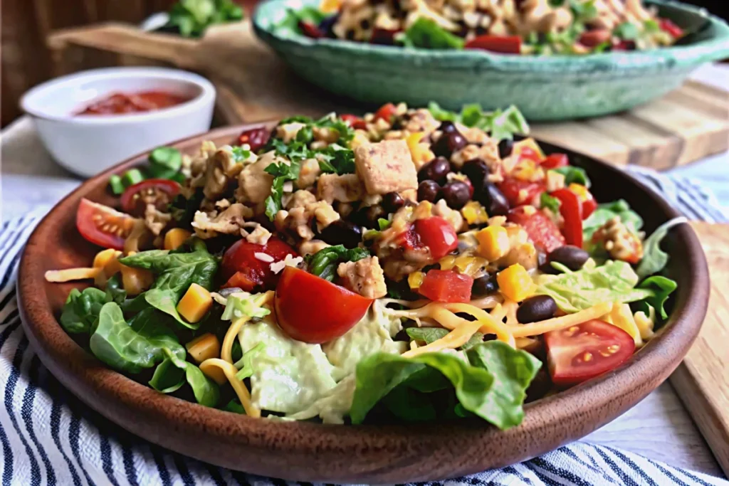 Vibrant taco salad with black beans, cherry tomatoes, corn, shredded cheese, crispy tortilla chips, and creamy avocado dressing, served on a wooden plate with a side of salsa.