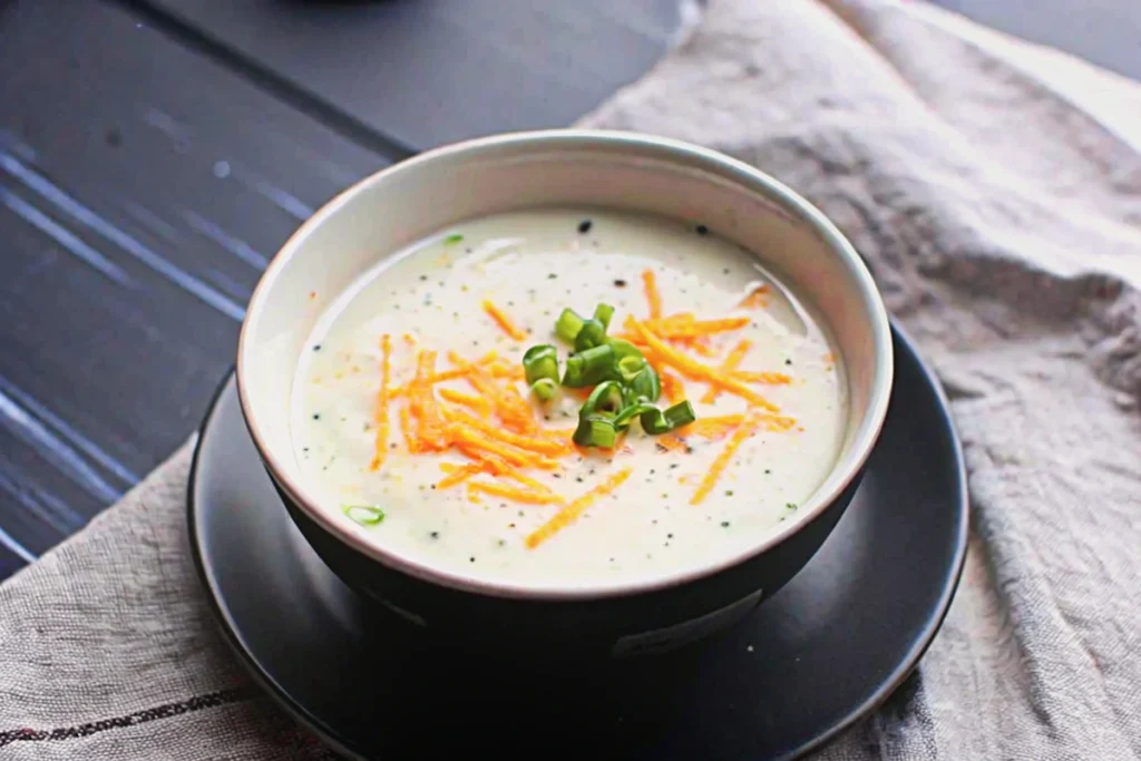 Easy 4-ingredient potato soup served in a bowl, topped with shredded cheese and chopped green onions.