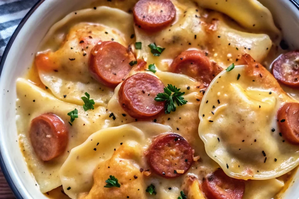A hearty slow cooker pierogi casserole with cheesy dumplings, sliced sausage, and a creamy sauce, garnished with fresh parsley and black pepper.