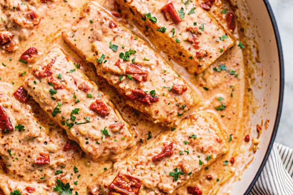 A skillet filled with Marry Me Salmon, featuring tender salmon fillets in a creamy sun-dried tomato sauce, garnished with fresh parsley.