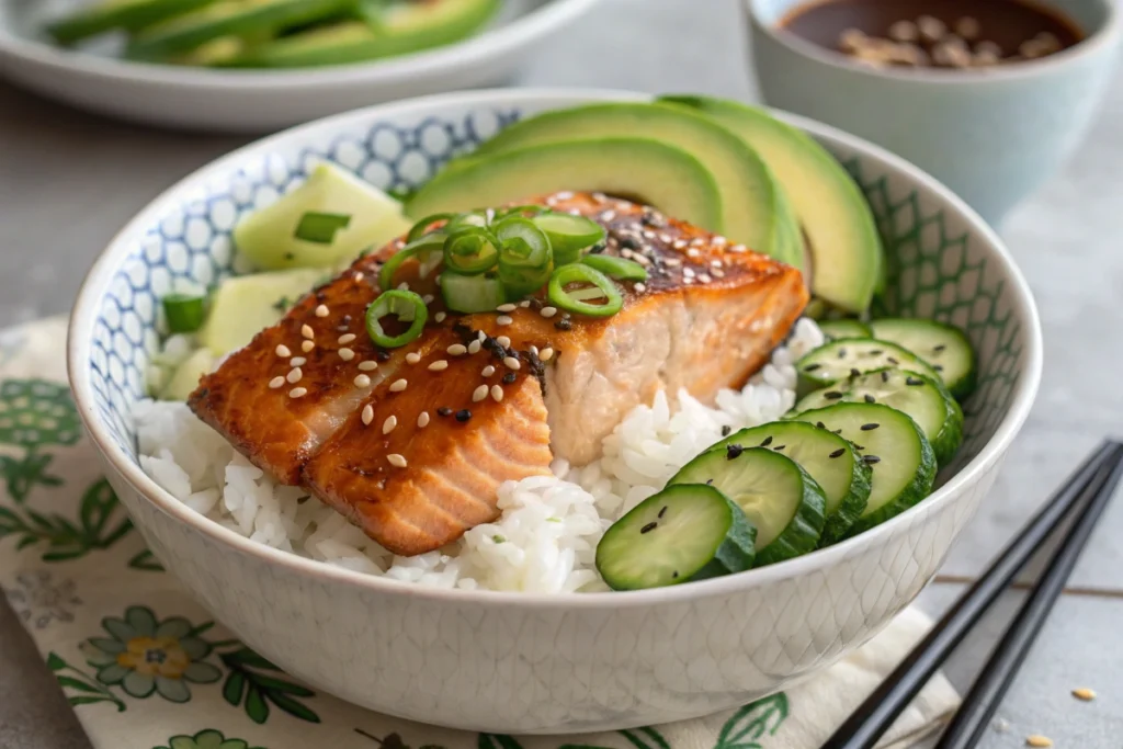 A fresh and colorful salmon bowl with brown rice, avocado, cucumber, and a drizzle of spicy mayo, garnished with sesame seeds.