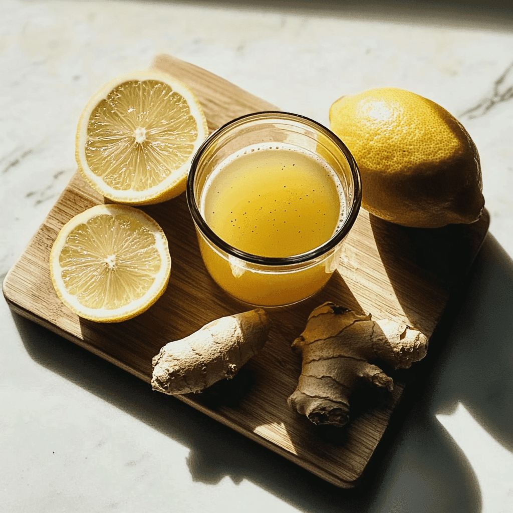 Brazilian Mounjaro Recipe – Concentrated ginger lemon shot in a small glass, surrounded by fresh ginger roots and sliced lemons on a wooden board.