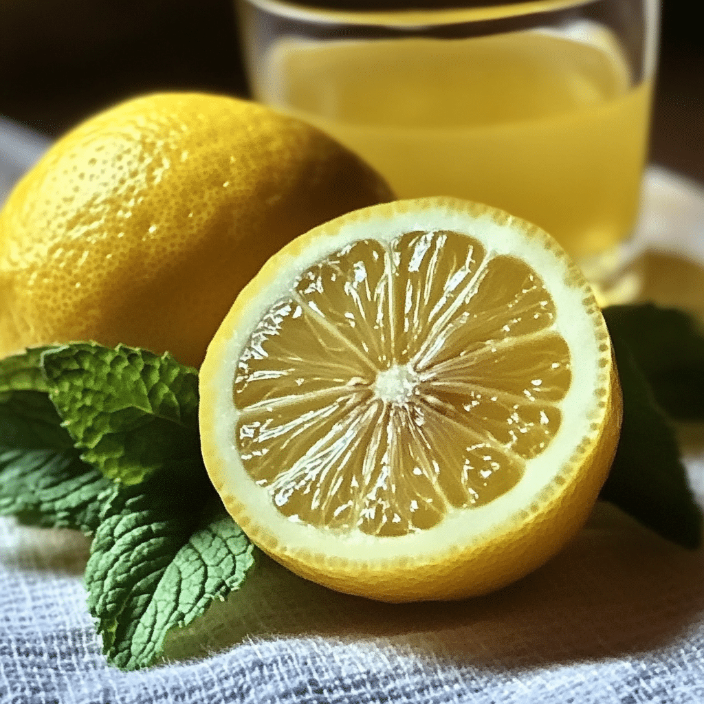 Lemon Balm and Lemon Juice Drink for Weight Loss. Fresh lemon balm leaves with sliced lemon and a glass of lemon juice, perfect for a natural weight loss drink.