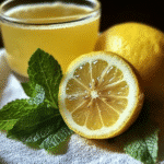 Fresh lemon balm leaves with sliced lemon and a glass of lemon juice, perfect for a natural weight loss drink.