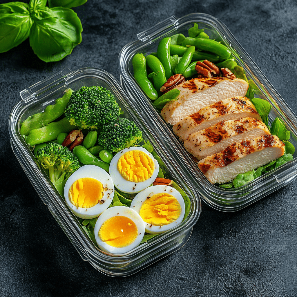 Healthy meal prep with grilled chicken, boiled eggs, broccoli, snap peas, and spinach in glass containers. Mounjaro Diet Plan PDF