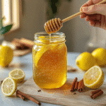 Hand pouring honey into a mason jar filled with lemon detox drink, surrounded by fresh lemons, cinnamon sticks, and a wooden board on a bright kitchen counter.