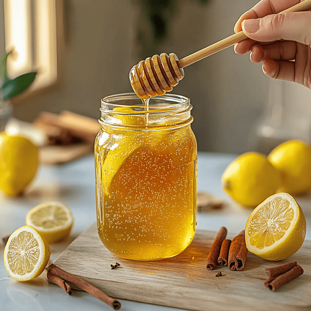 Hand pouring honey into a mason jar filled with lemon detox drink, surrounded by fresh lemons, cinnamon sticks, and a wooden board on a bright kitchen counter.