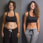 Before and after transformation of a woman showing visible weight loss results, wearing workout clothes and smiling confidently.