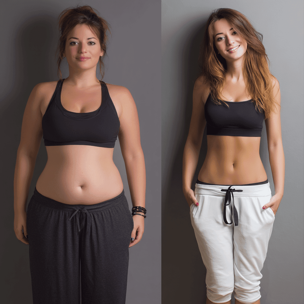 Before and after transformation of a woman showing visible weight loss results, wearing workout clothes and smiling confidently.