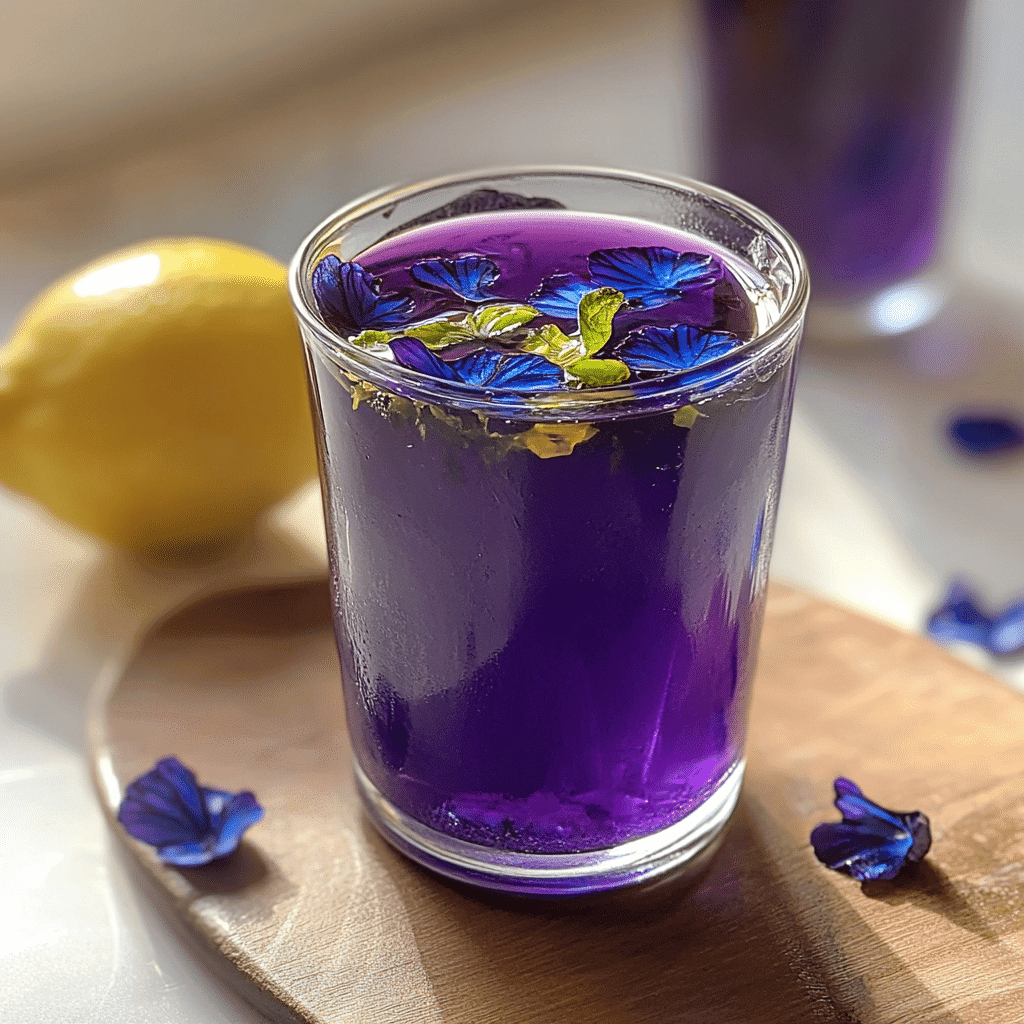 Brazilian Mounjaro Recipe – Vibrant purple butterfly pea flower drink garnished with mint, served in a clear glass on a wooden board with a lemon in the background.