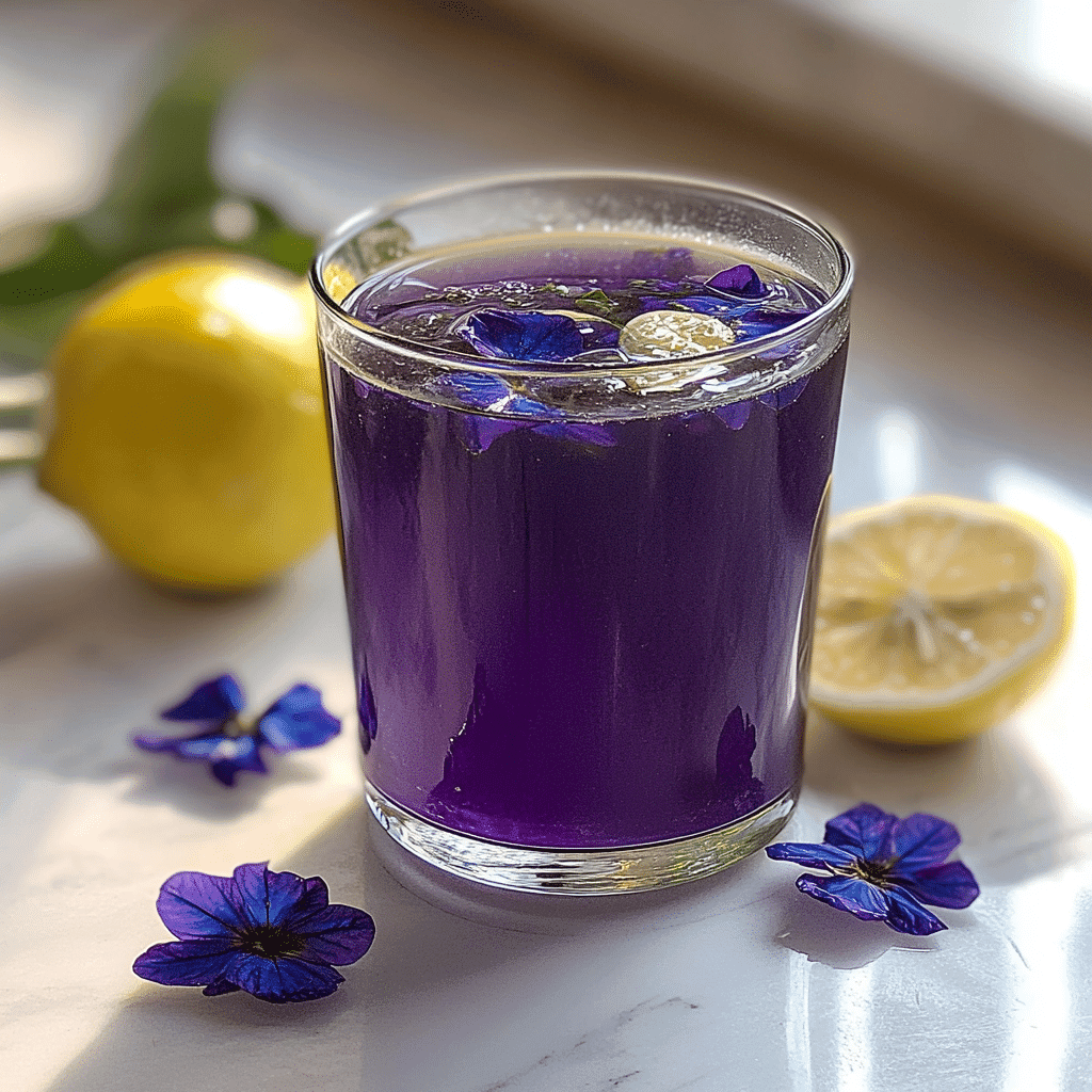 Brazilian Mounjaro Recipe – Purple butterfly pea flower drink with lemon slices and petals, served in a clear glass on a marble counter.