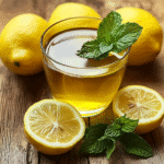 A glass of lemon mint tea garnished with fresh mint leaves, surrounded by lemon slices and mint on a wooden plate