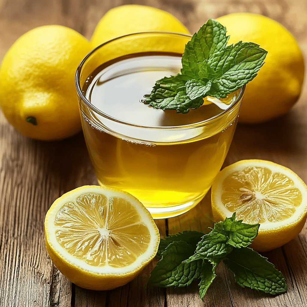 A glass of lemon mint tea garnished with fresh mint leaves, surrounded by lemon slices and mint on a wooden plate