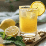 Brazilian Mounjaro Recipe – Refreshing ginger and lemon detox drink in a clear glass with ice, garnished with a lemon slice, mint, and turmeric on a wooden board.