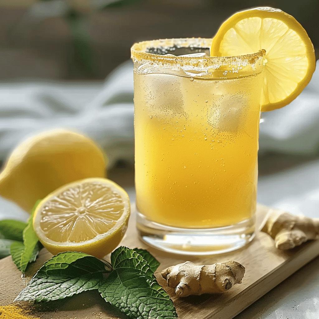 Brazilian Mounjaro Recipe – Refreshing ginger and lemon detox drink in a clear glass with ice, garnished with a lemon slice, mint, and turmeric on a wooden board.
